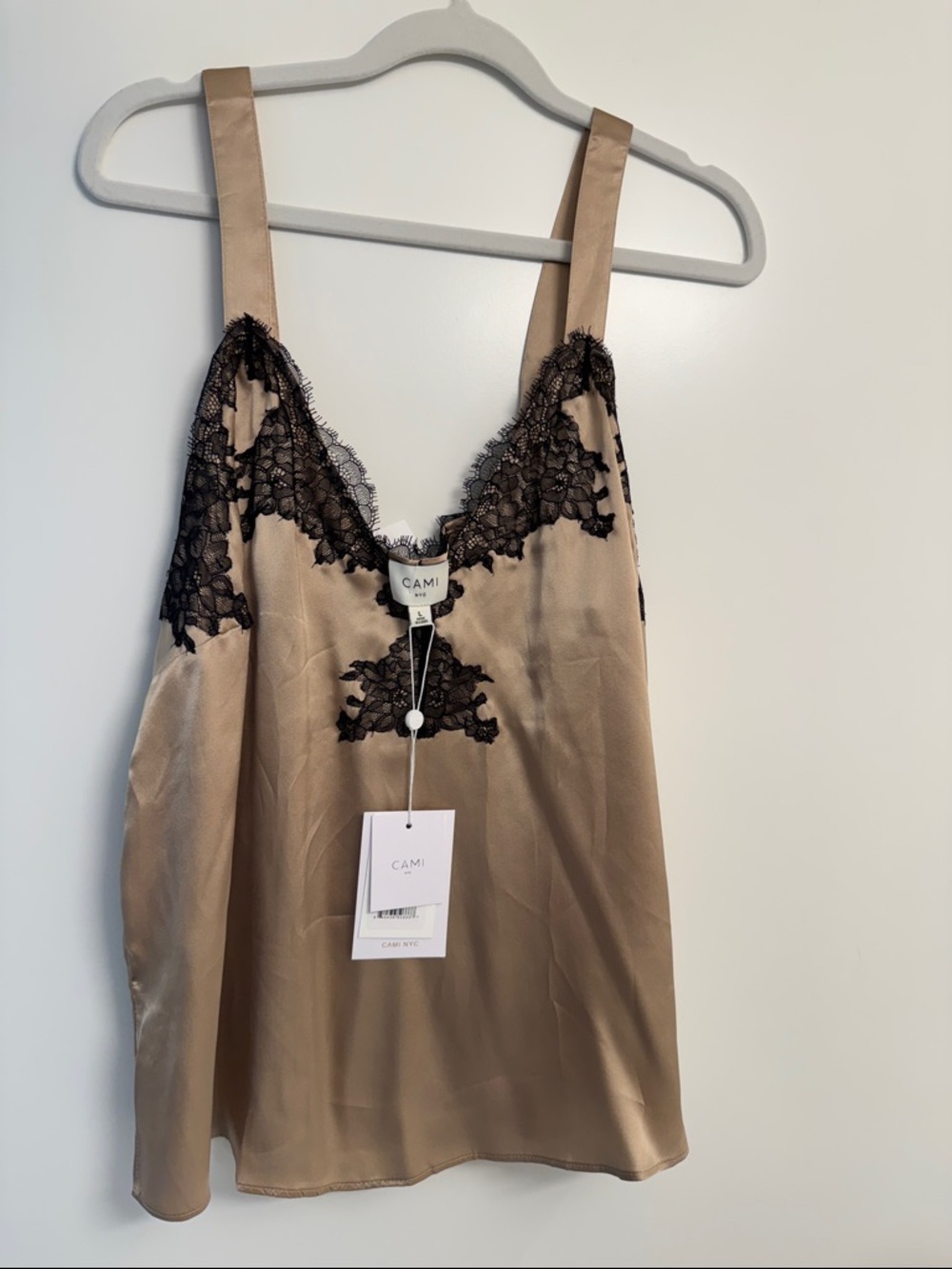 Cami NYC Satin Cami with Black Lace Trim - Mocha/Taupe NEW Sz L